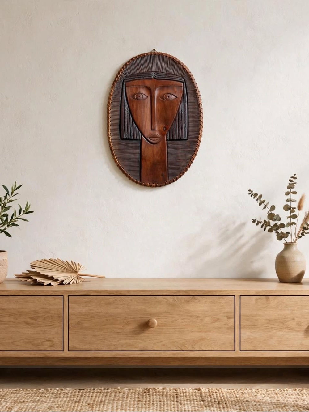VTG Mid Century Carved Wood Wall Plaque Leather Trim Signed I Silva 1999 18.5"
